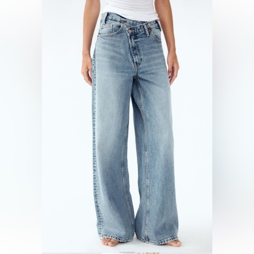ZARA TRF HIGH RISE WIDE LEG CROSSOVER WAISTBAND JEANS
